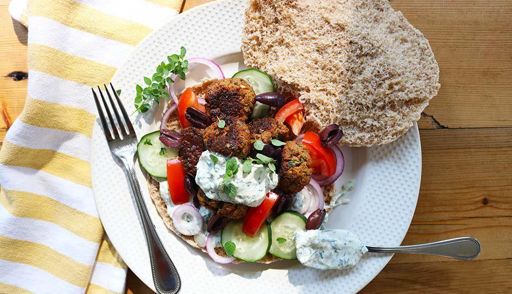 Plant Based Greek Meatball Pitas with Tzatziki