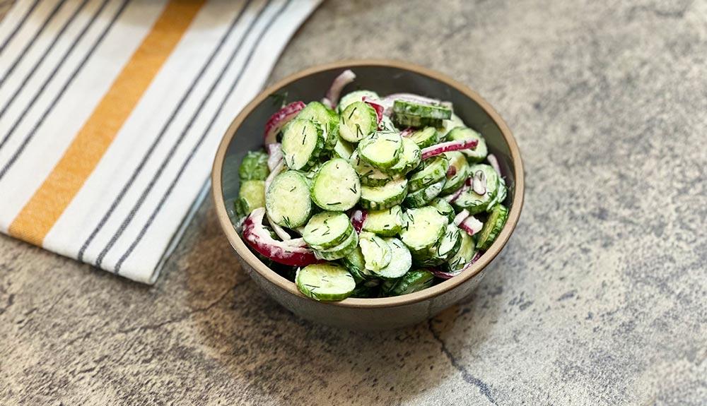 Plant Based Vegan Classic Cucumber and Red Onion Salad with Fresh Dill