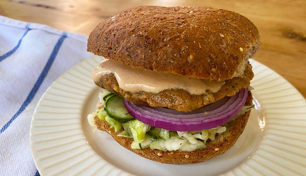 Plant Based Plant-Powered Vegan Firecracker Burgers with Yum Yum Sauce and Dill Pickle Slaw 