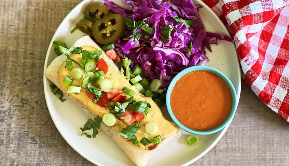 Plant Based Burritos with Smoked Cheddar Cheese Sauce