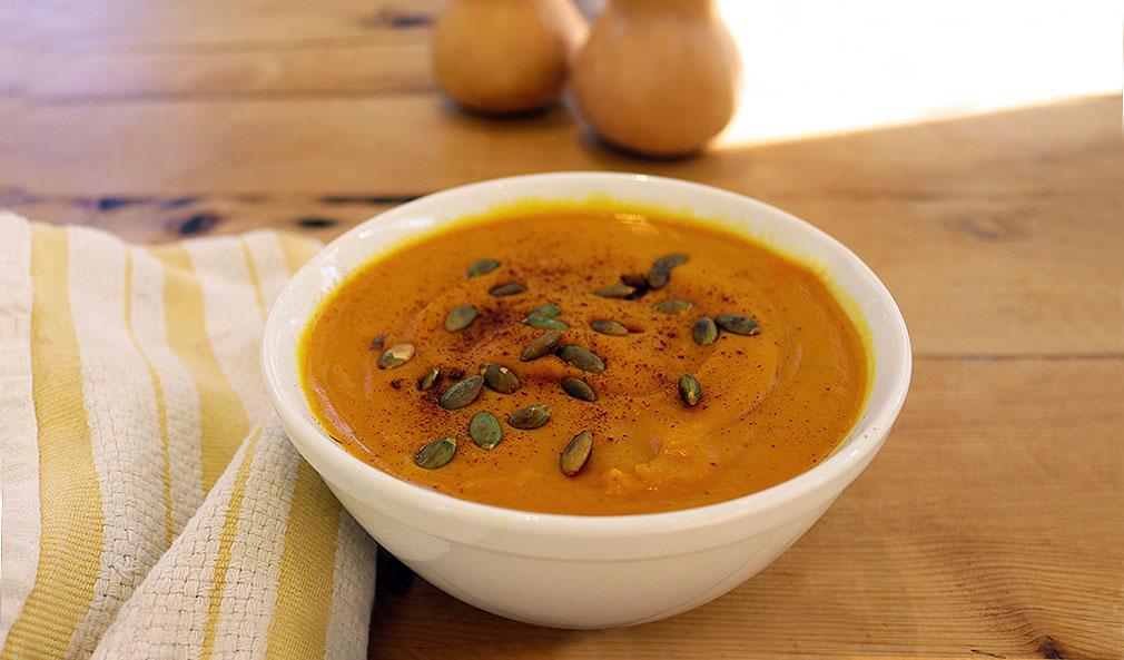 Plant Based Butternut Squash Soup with Toasted Pumpkin Seeds